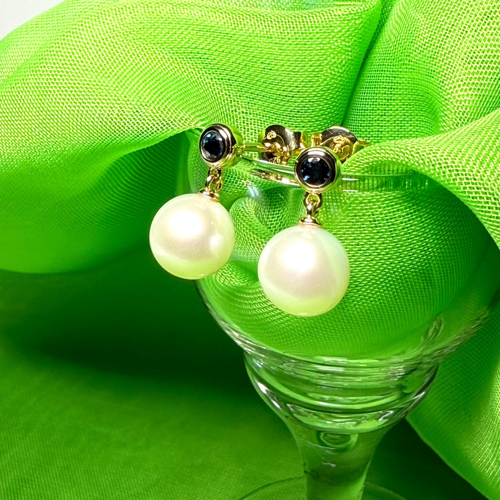 Real freshwater cultured pearl and real sapphire round drop earrings sterling silver with yellow gold plating