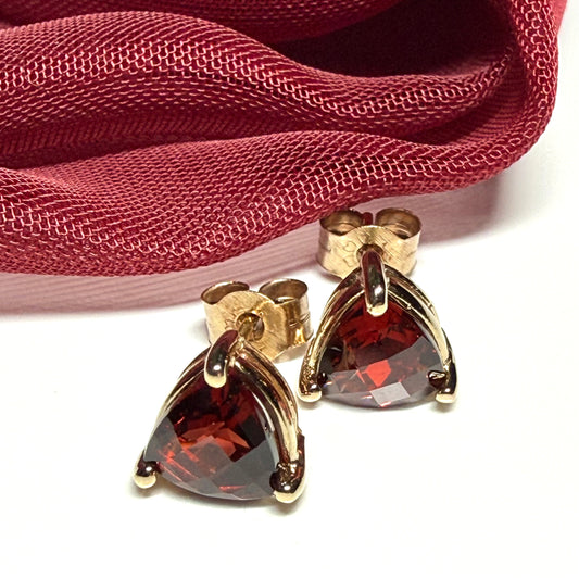 Real garnet earrings triangle yellow gold stud, simply beautiful