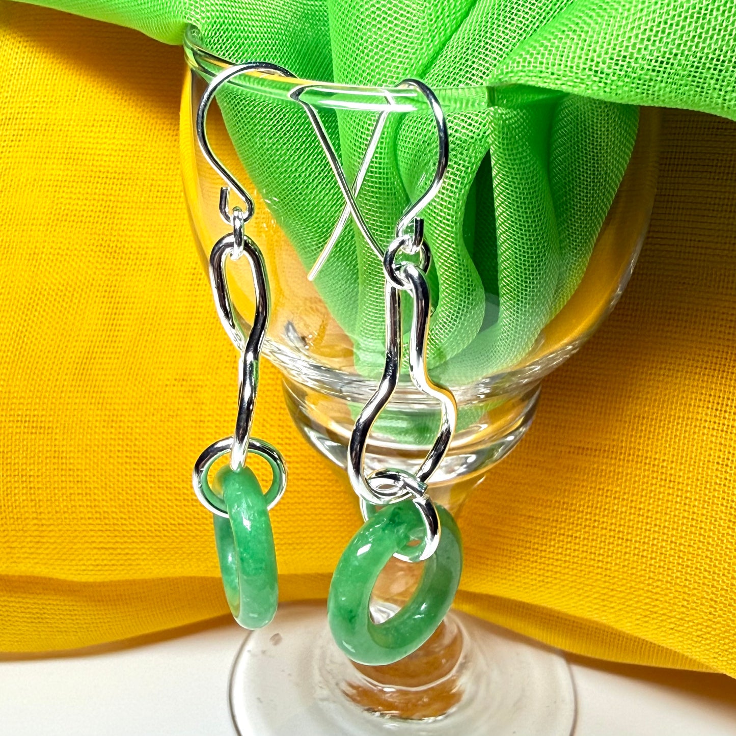 Real green jade sterling silver looped dangling dropped earrings, round in shape