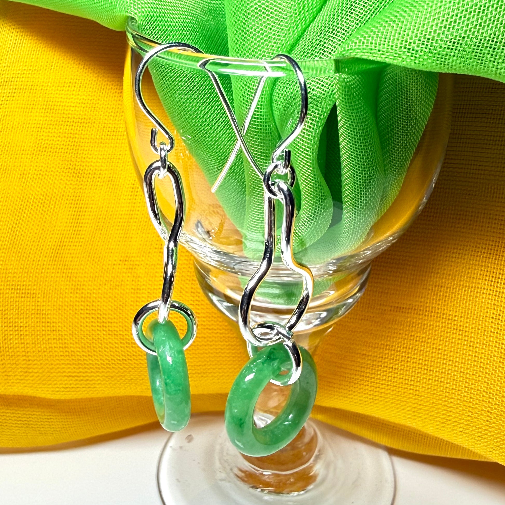 Real green jade sterling silver looped dangling dropped earrings, round in shape
