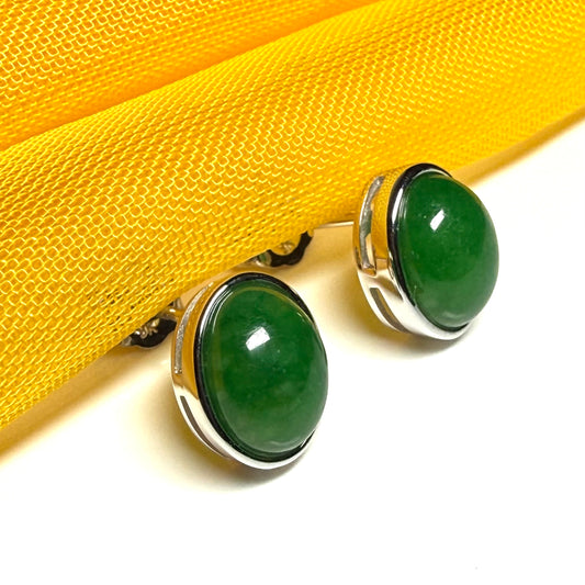 Pair of real green jade white gold oval stud earrings