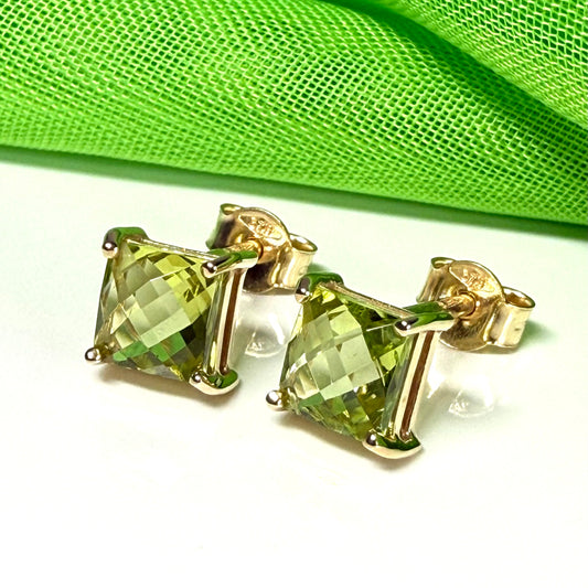 Real green peridot square cut stud earrings yellow gold