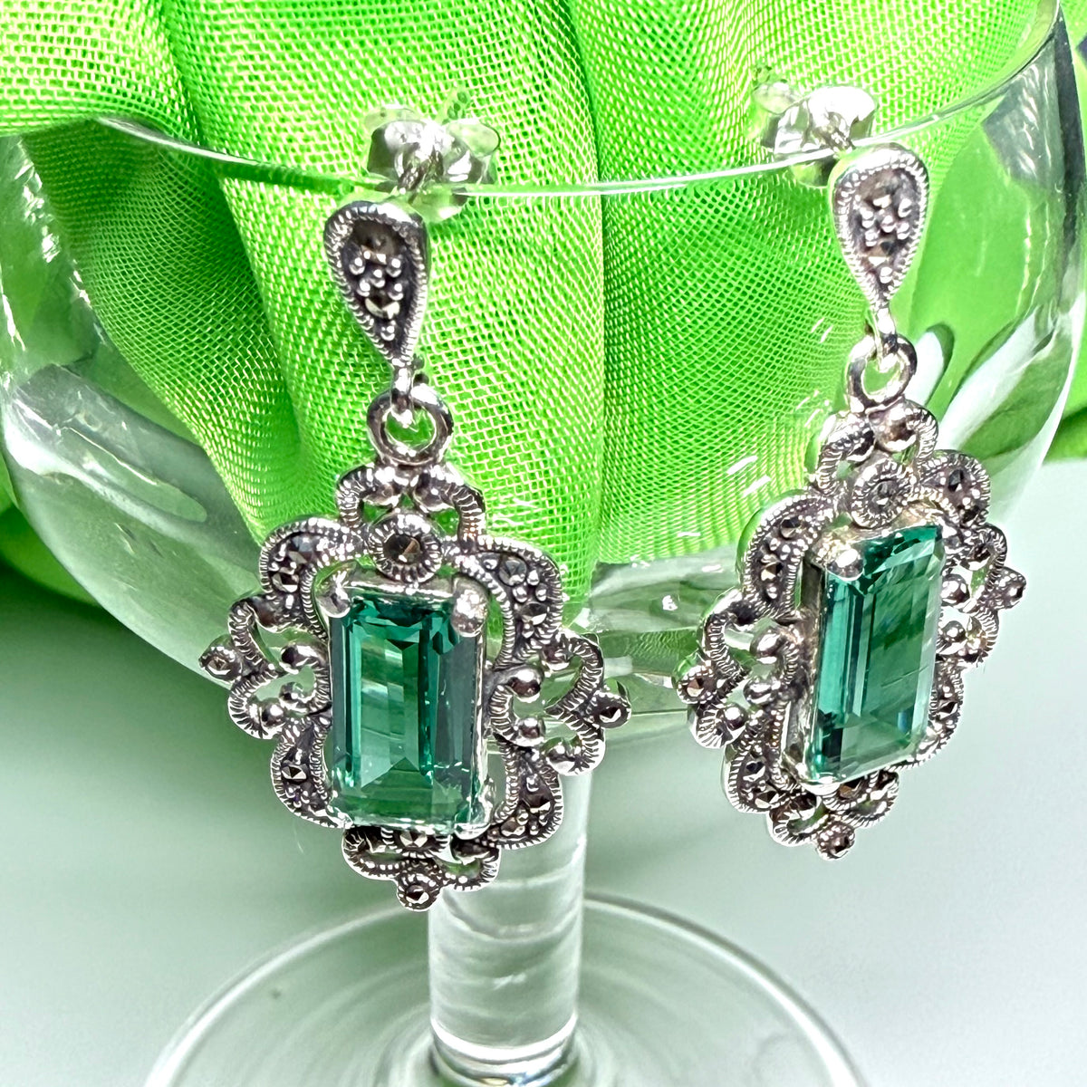 Marcasite and green cubic zirconia silver drop earrings
