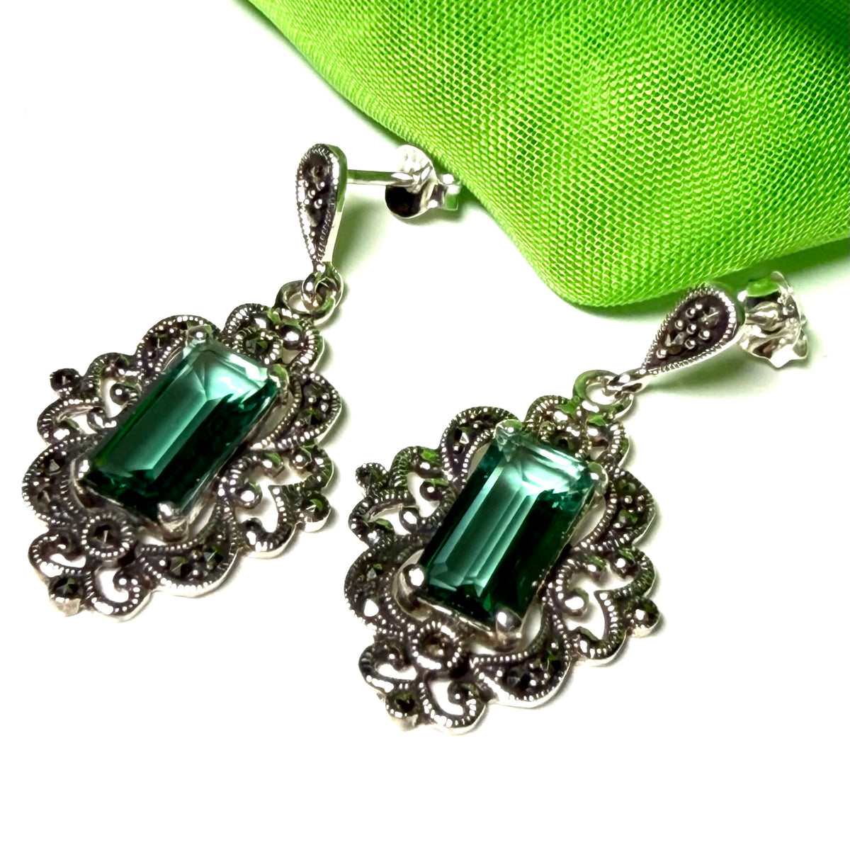 Marcasite and green cubic zirconia silver drop earrings
