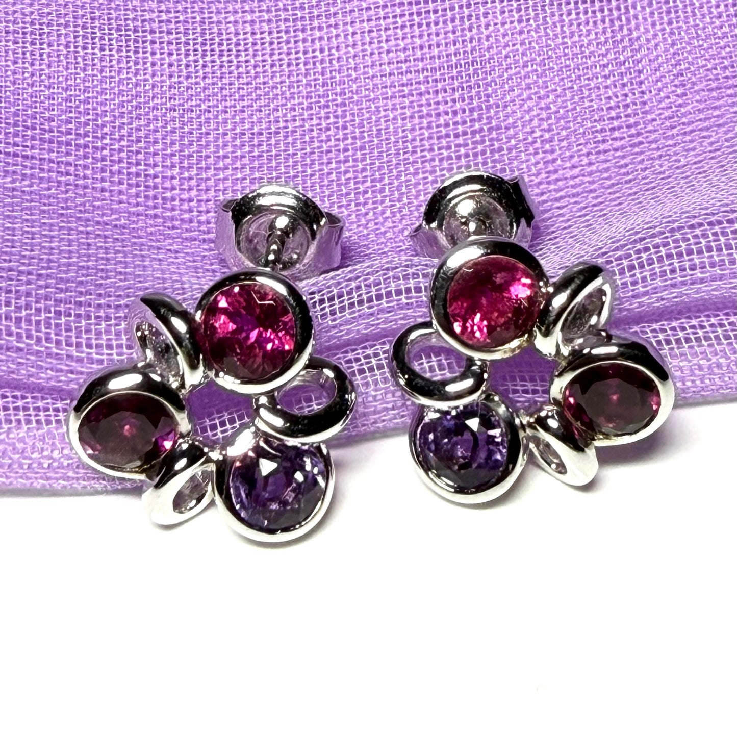 Real ruby amethyst and garnet cluster stud earrings sterling silver