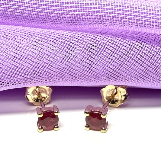Real ruby earrings round yellow gold stud