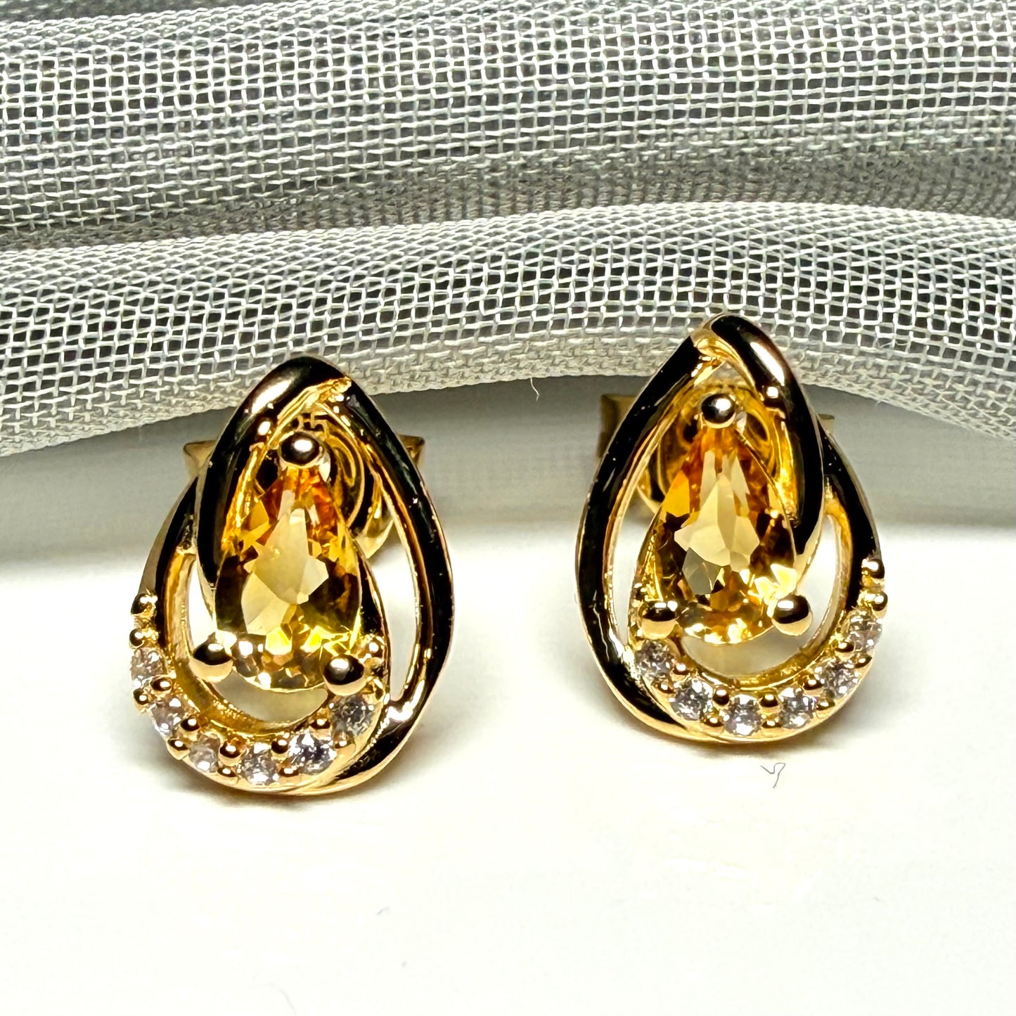 Real yellow citrine and real cubic zirconia pear and round drop earrings sterling silver with yellow gold plating