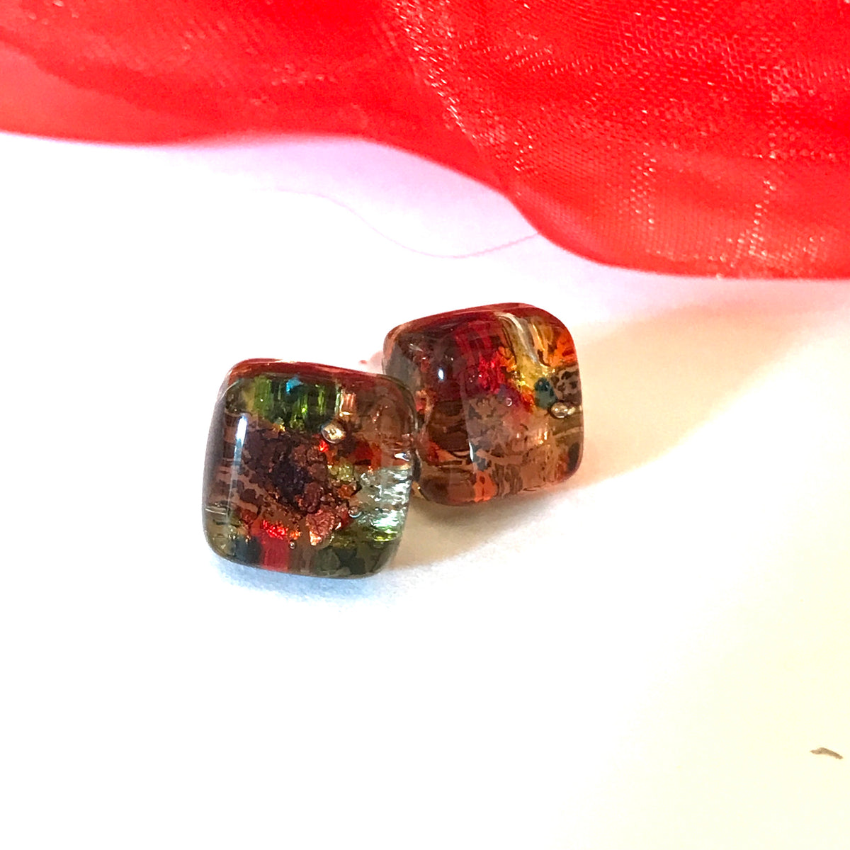 Red square stud Real Genuine Murano glass stud earrings