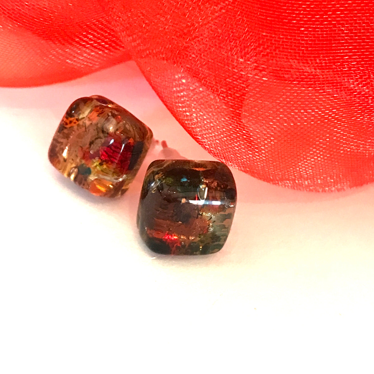 Pair of red square stud Real Genuine Murano glass stud earrings