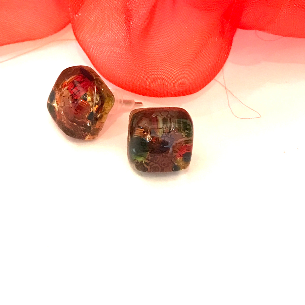 Pair of red square stud Real Genuine Murano glass stud earrings