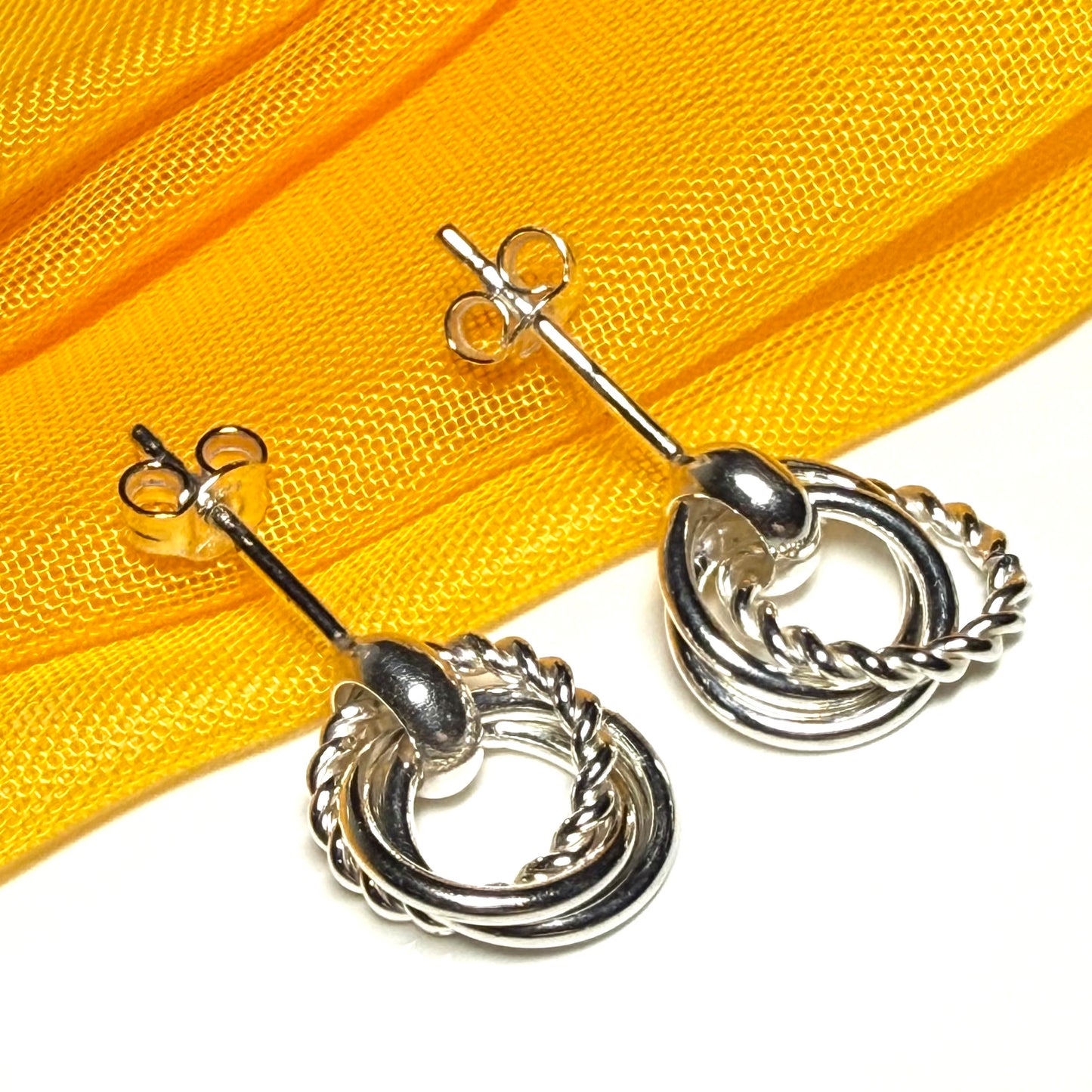 Round Sterling Silver Rope Stud Dropped Earrings