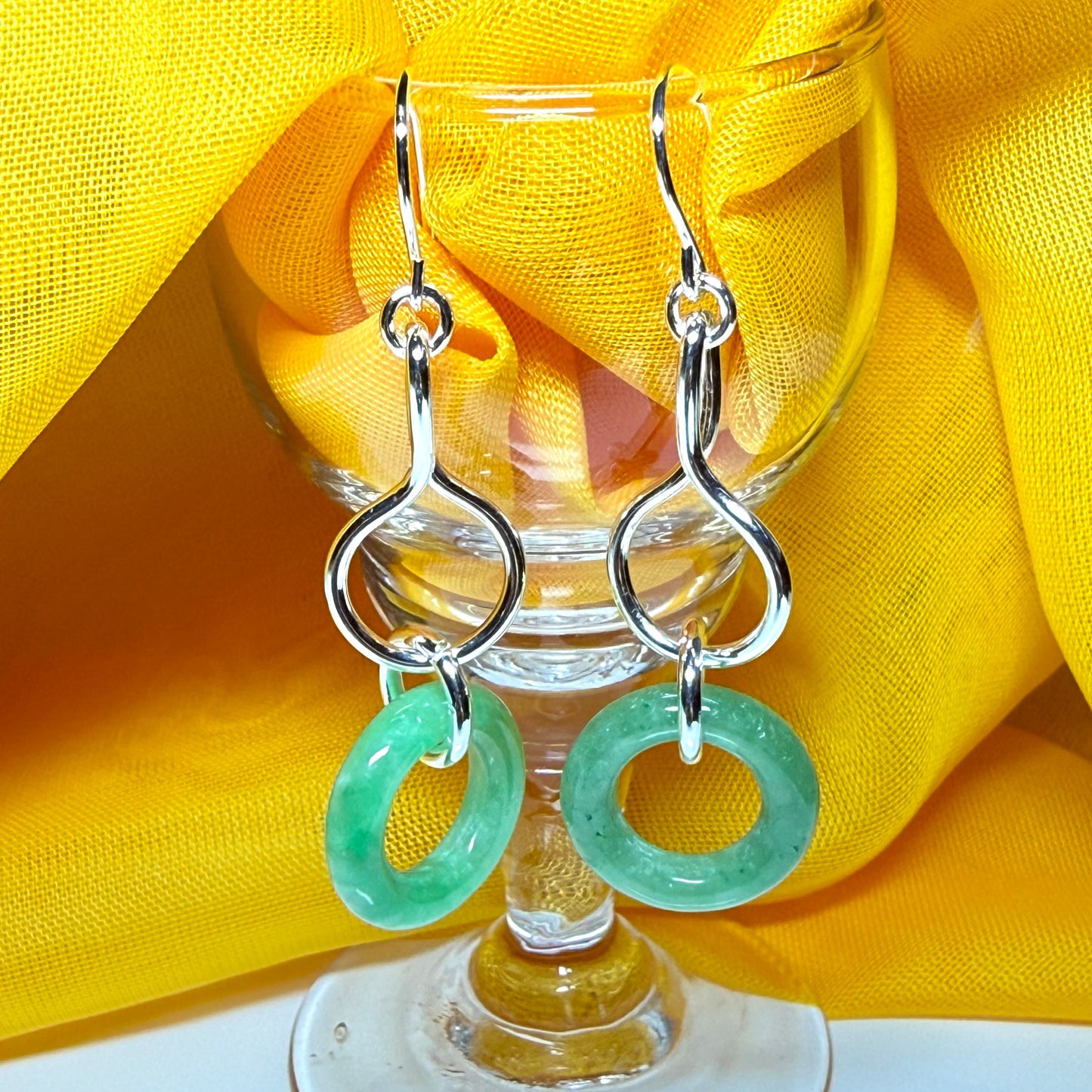Pair of round real green jade sterling silver dangling dropped earrings, simply gorgeous