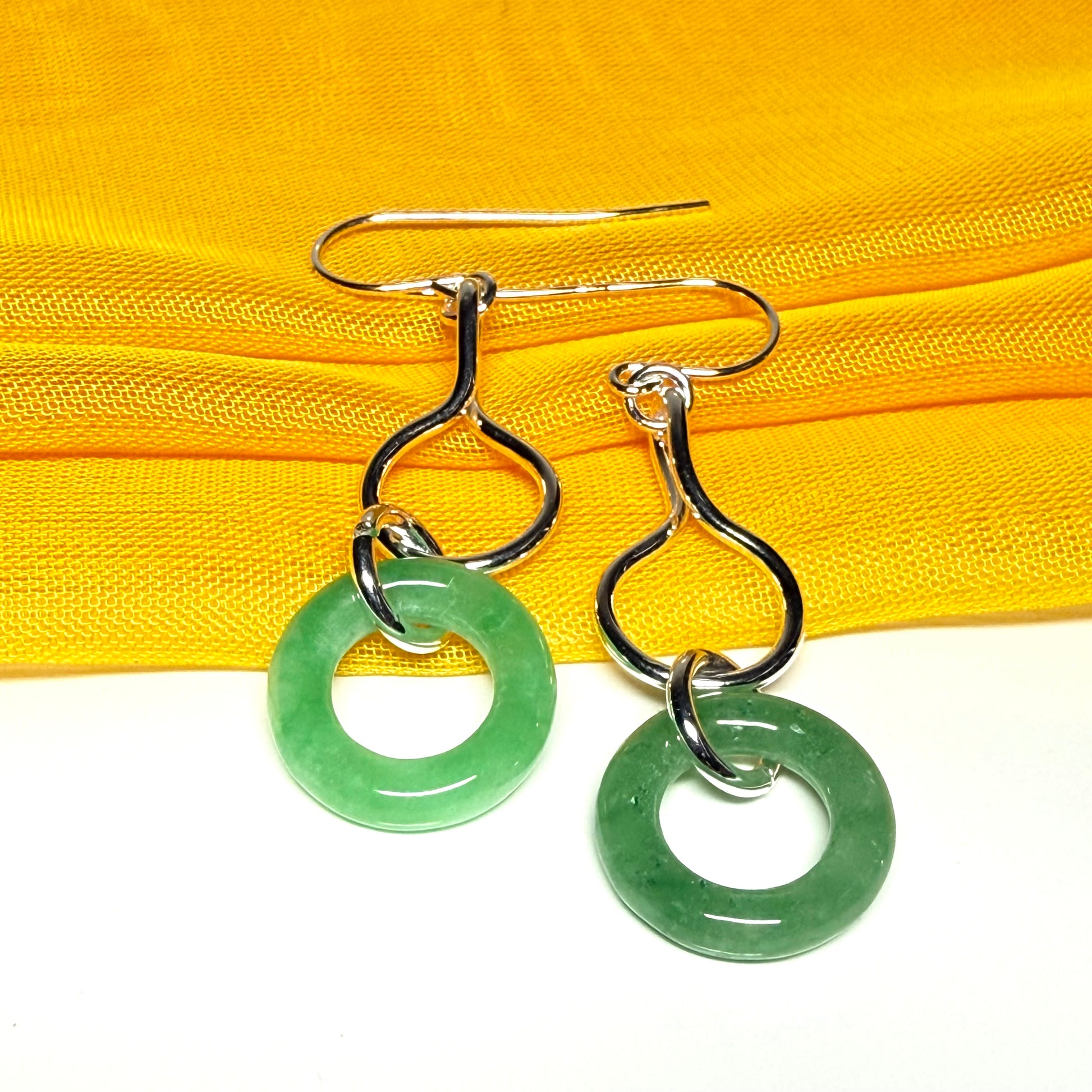 Pair of round real green jade sterling silver dangling dropped earrings, simply gorgeous