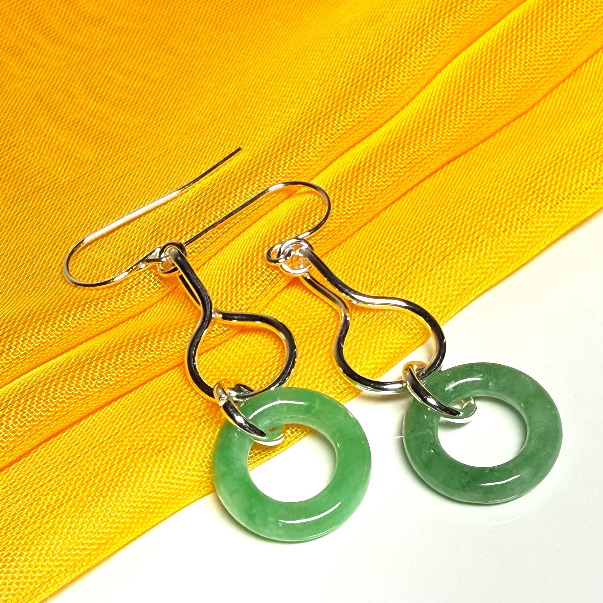 Pair of round real green jade sterling silver dangling dropped earrings, simply gorgeous