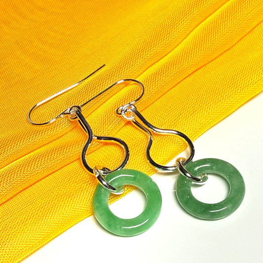 Pair of round real green jade sterling silver dangling dropped earrings, simply gorgeous