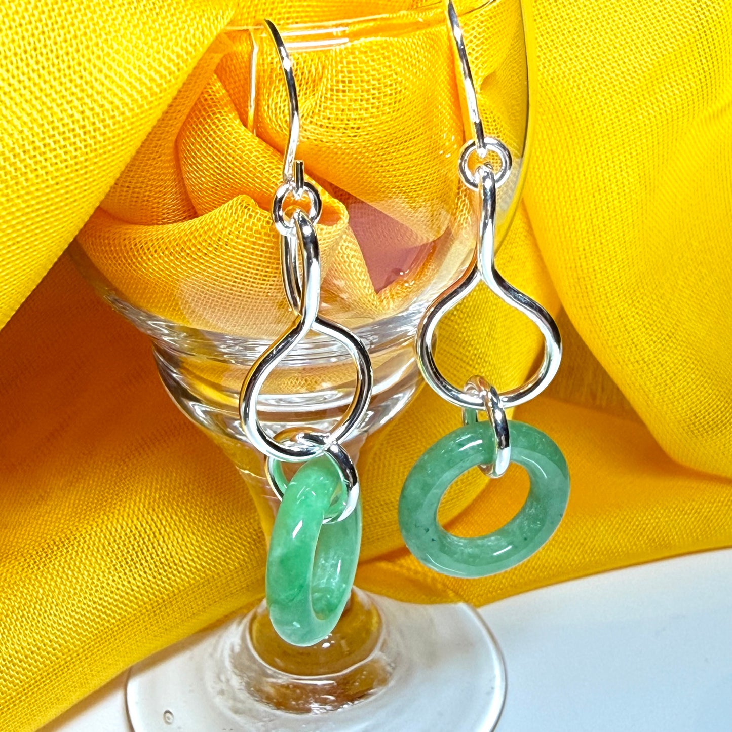 Pair of round real green jade sterling silver dangling dropped earrings, simply gorgeous