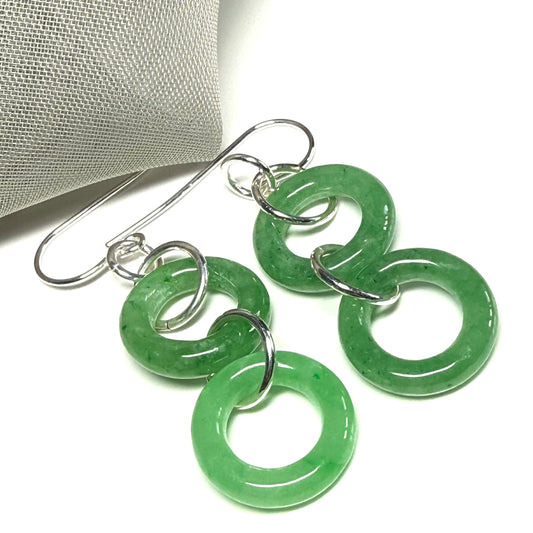 Pair of round shaped sterling silver real green jade double circle drop earrings