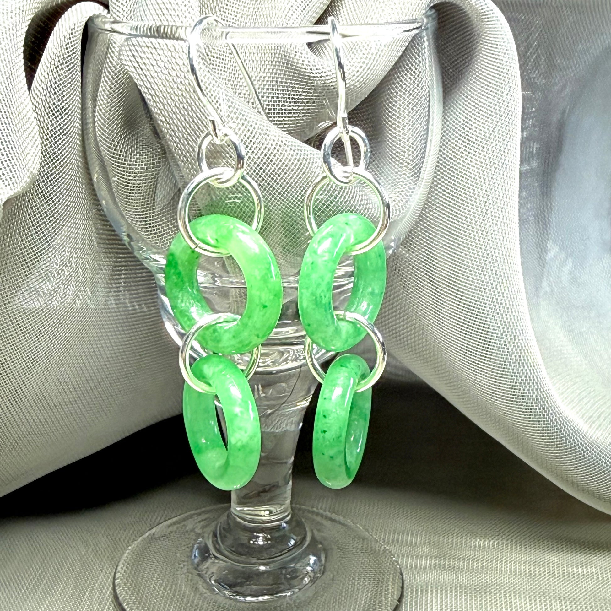 Pair of round shaped sterling silver real green jade double circle drop earrings