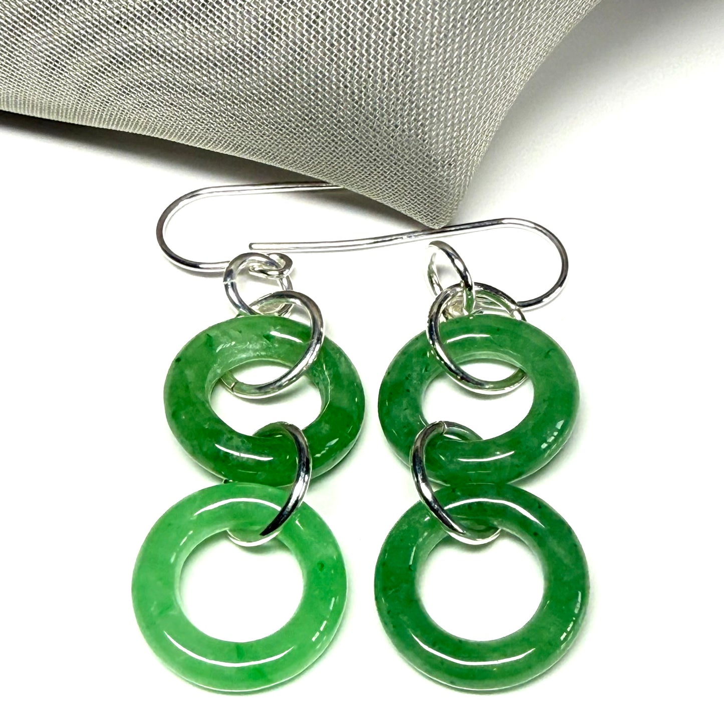 Pair of round shaped sterling silver real green jade double circle drop earrings