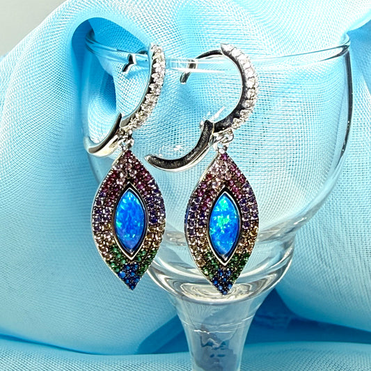 Sterling silver opal marcasite drop earrings with hoop fastenings