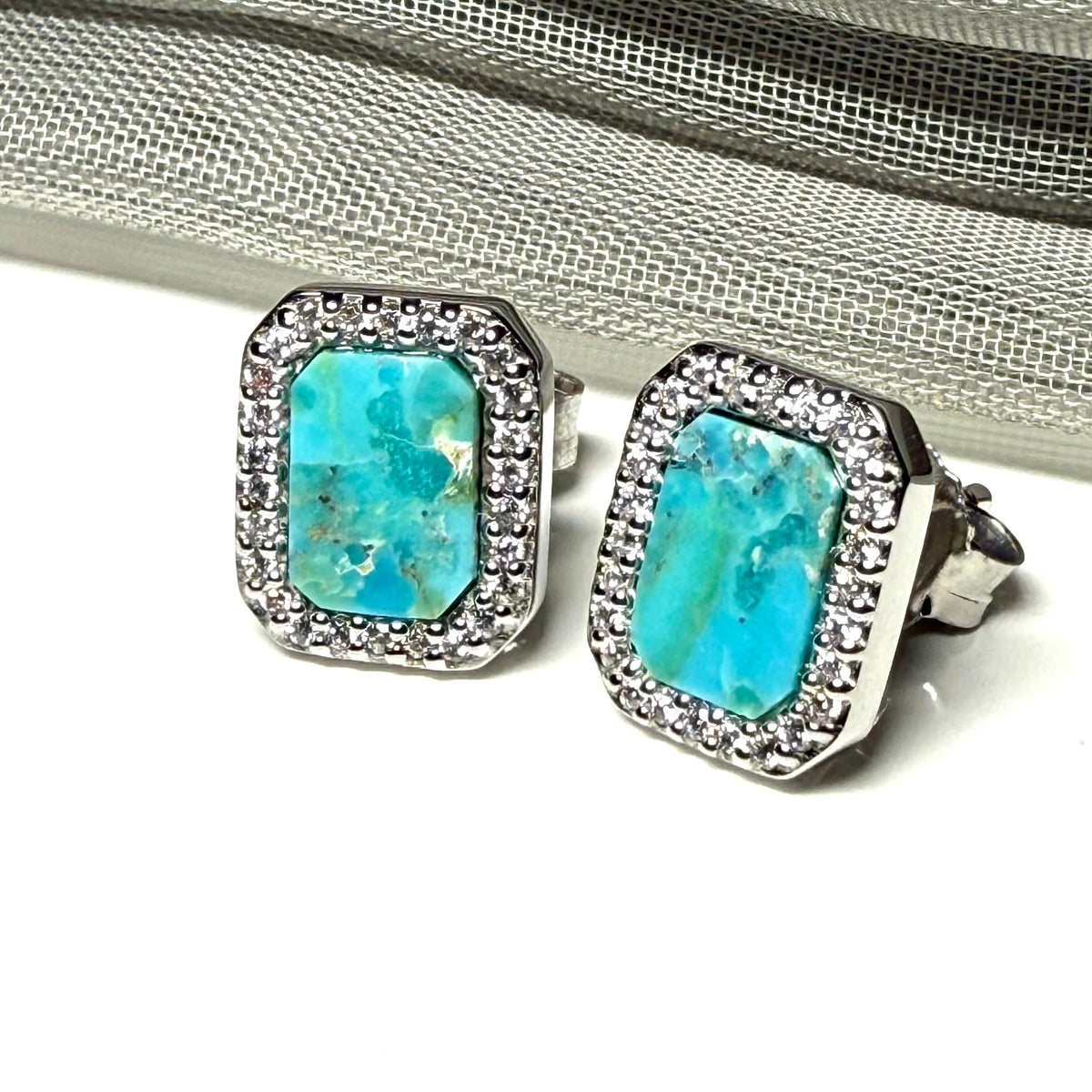 Turquoise and cubic zirconia blue green square stud earrings sterling silver