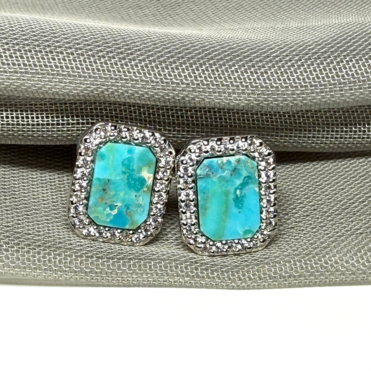 Turquoise and cubic zirconia blue green square stud earrings sterling silver