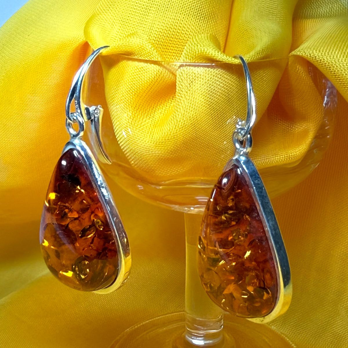 Real amber drop earrings pear shape sterling silver continental wire fittings