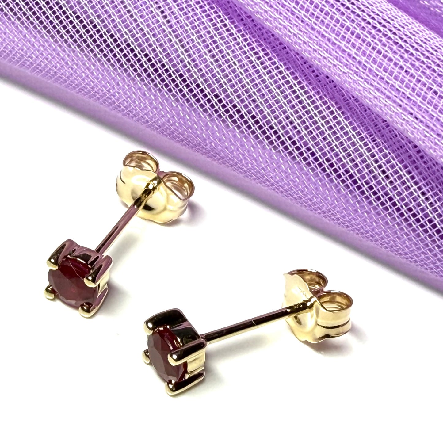 Real ruby earrings round yellow gold stud