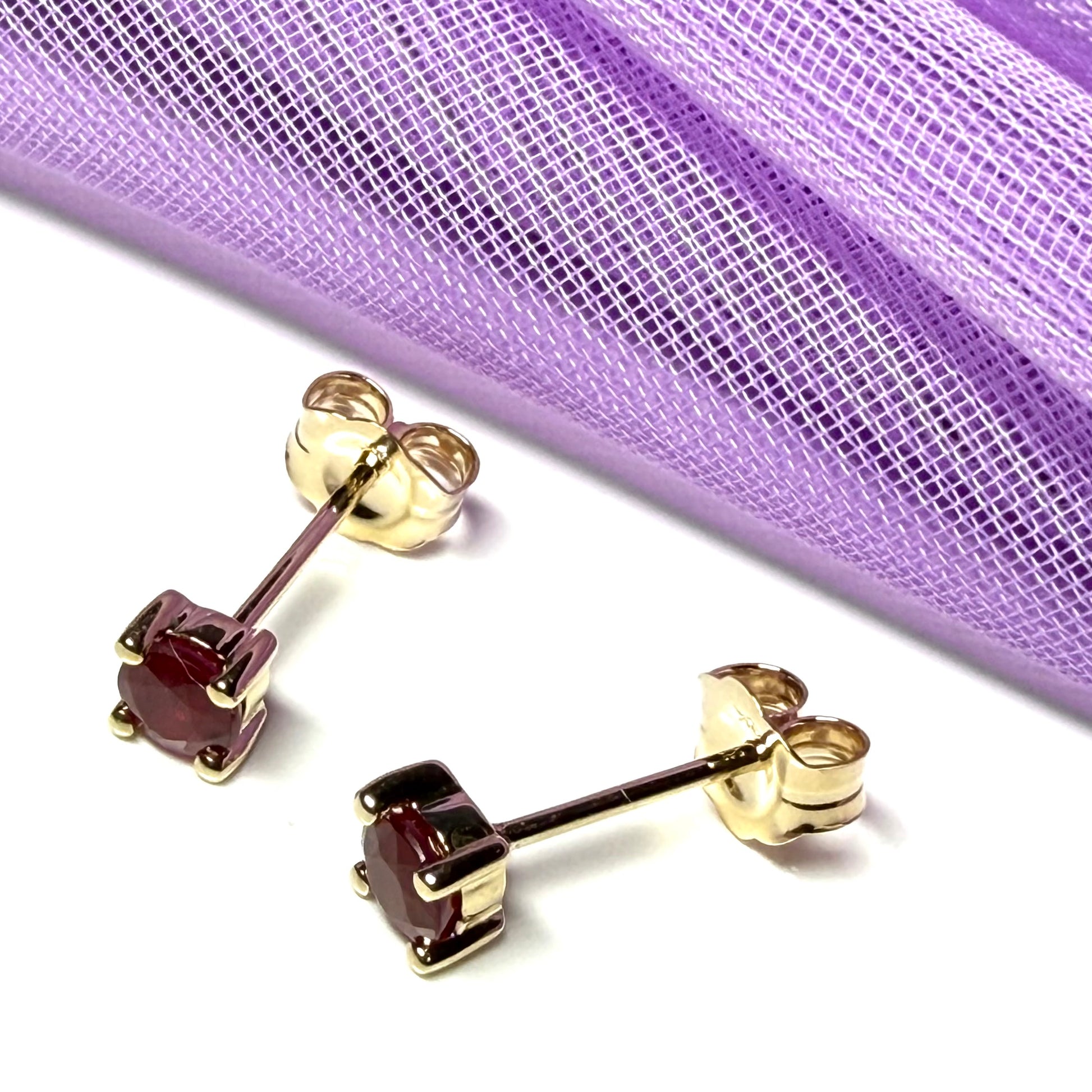 Real ruby earrings round yellow gold stud