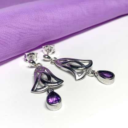 Pair of real amethyst sterling silver pierced Celtic drop earrings