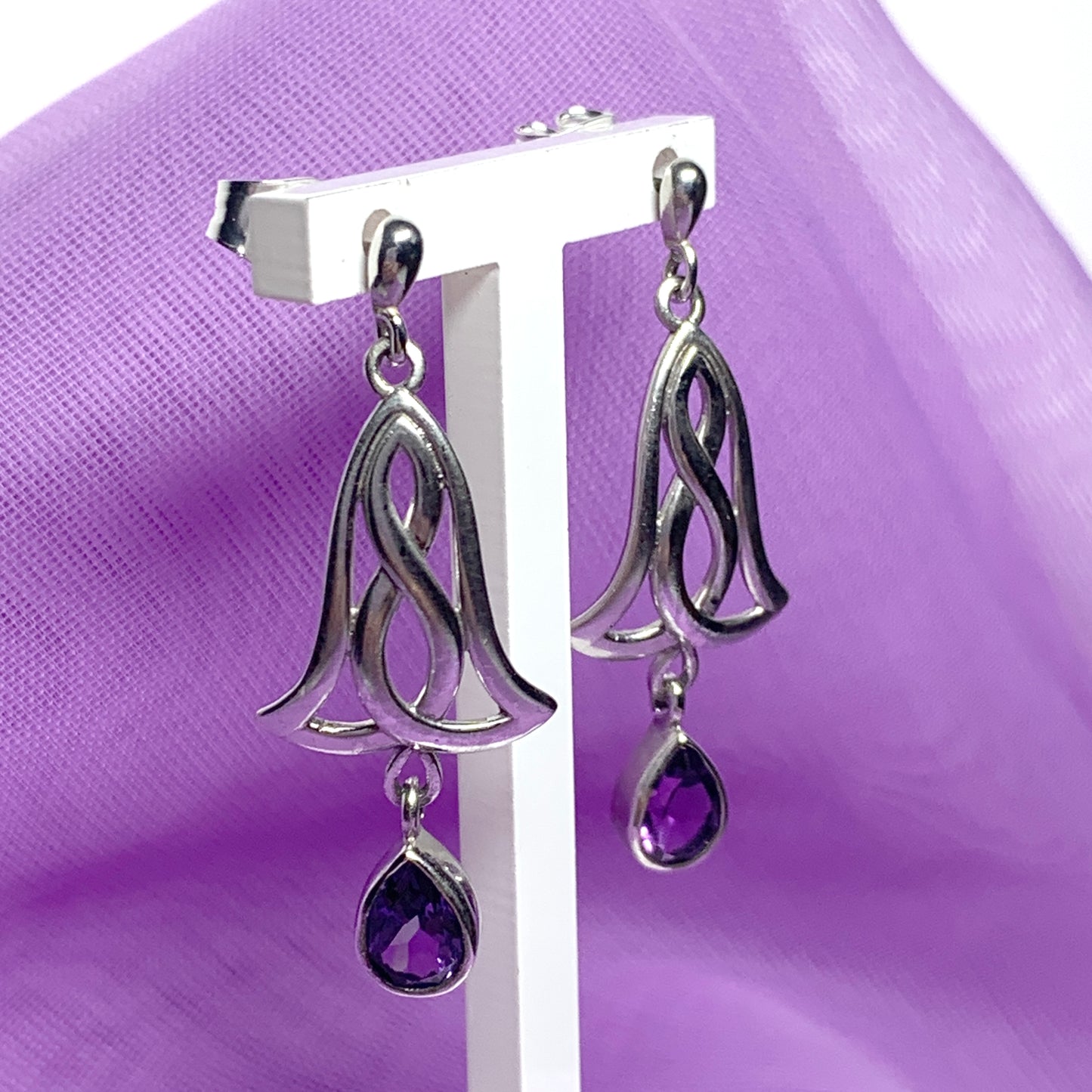 Pair of real amethyst sterling silver pierced Celtic drop earrings