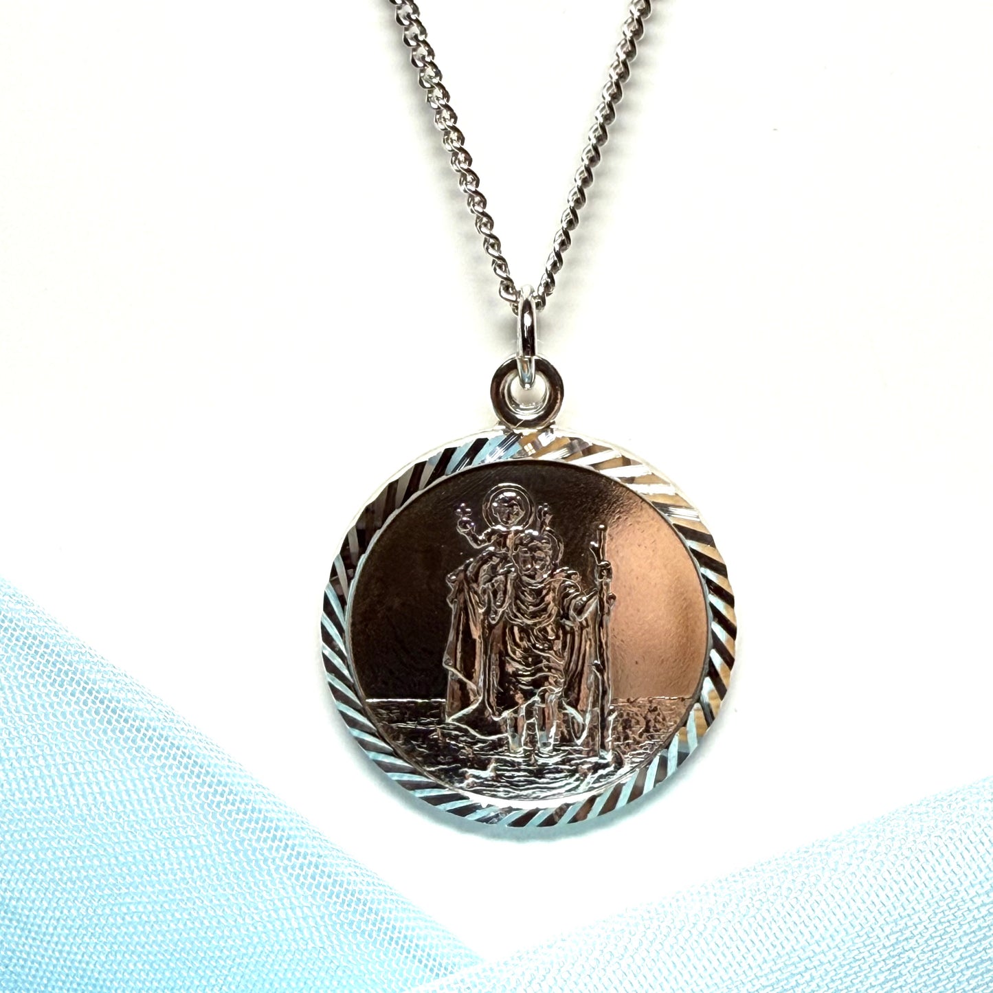 Patterned Edge Round Sterling Silver St. Christopher