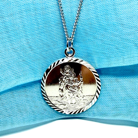 Patterned Edge Round Sterling Silver St. Christopher
