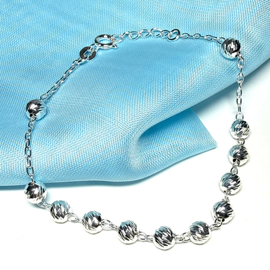 Patterned ball bobble shaped charm bracelet ladies solid sterling silver