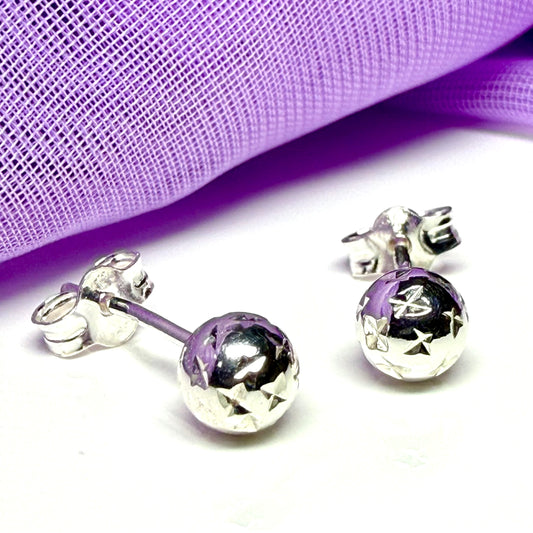 Patterned ball stud earrings sterling silver diamond cut 5mm -6.5mm