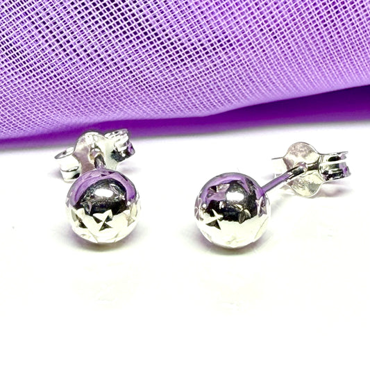 Patterned ball stud earrings sterling silver diamond cut 6.5 - 5 mm