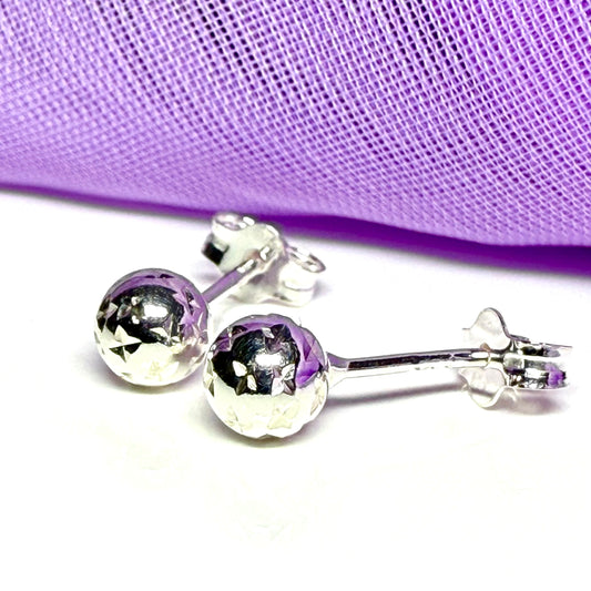 Patterned ball stud earrings sterling silver diamond cut