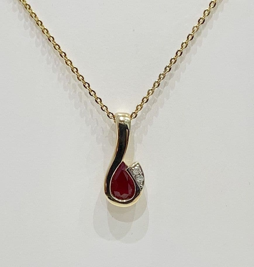 Pear Shaped Ruby And Diamond Yellow Gold Necklace