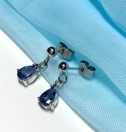 Pear shaped real tanzanite white gold drop earrings