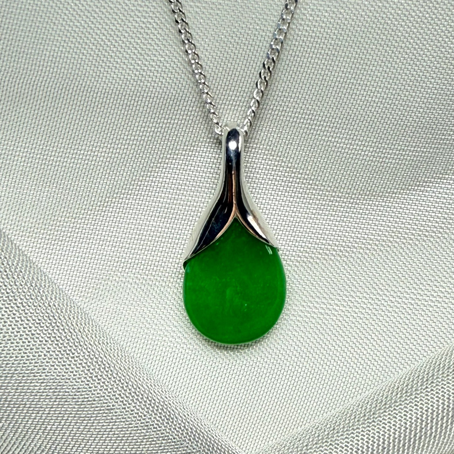 Pear shaped real green jade necklace including chain