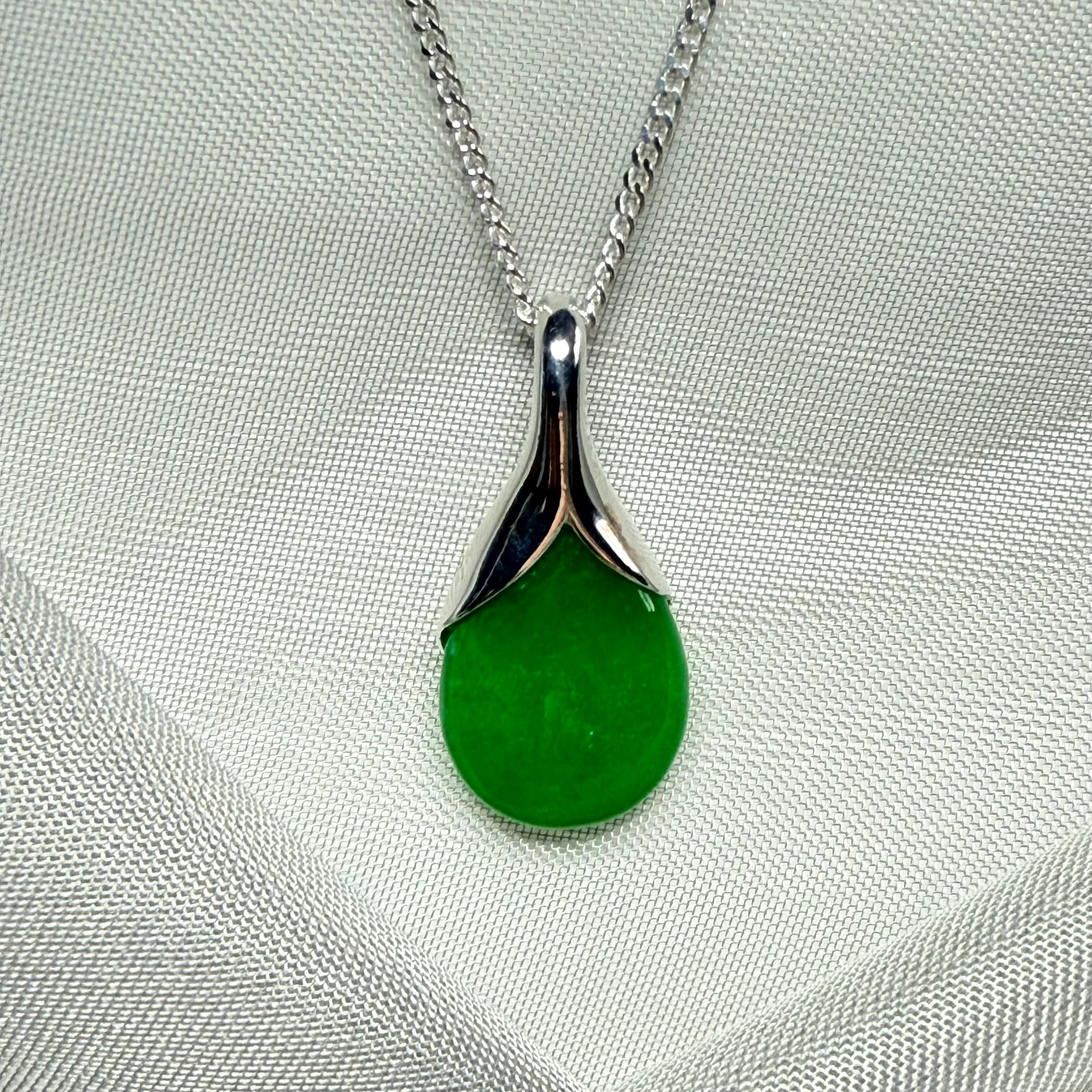 Pear shaped real green jade necklace including chain
