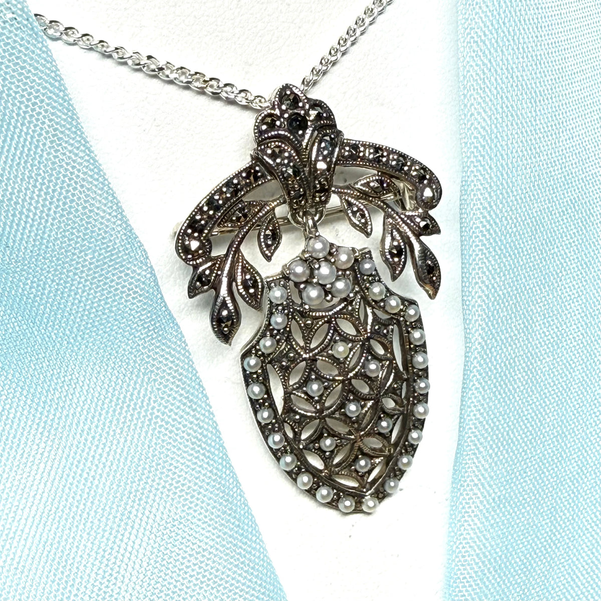 Pearl shield shaped necklace real freshwater cultured sterling silver with marcasite stones