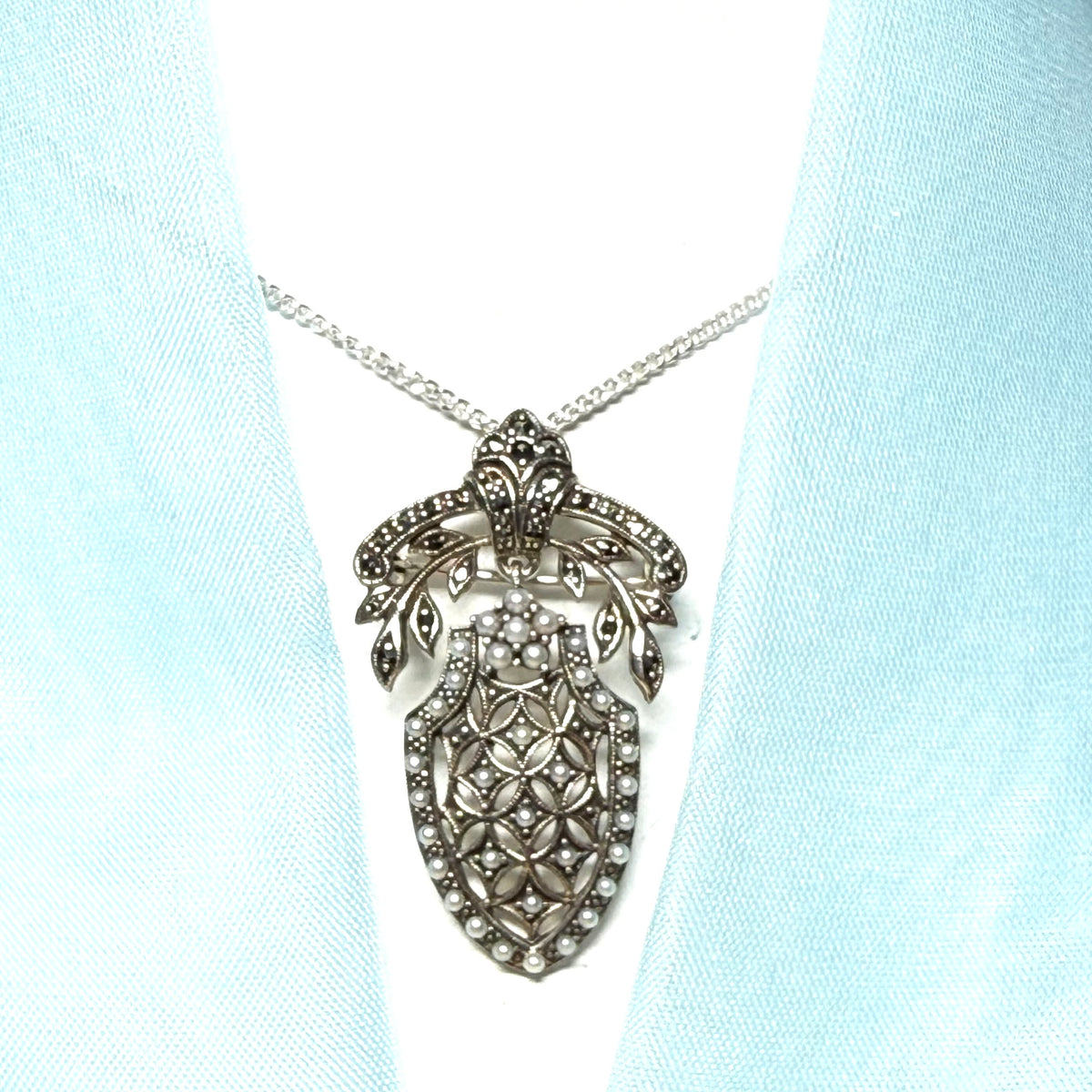 Pearl shield shaped necklace real freshwater cultured sterling silver with marcasite stones