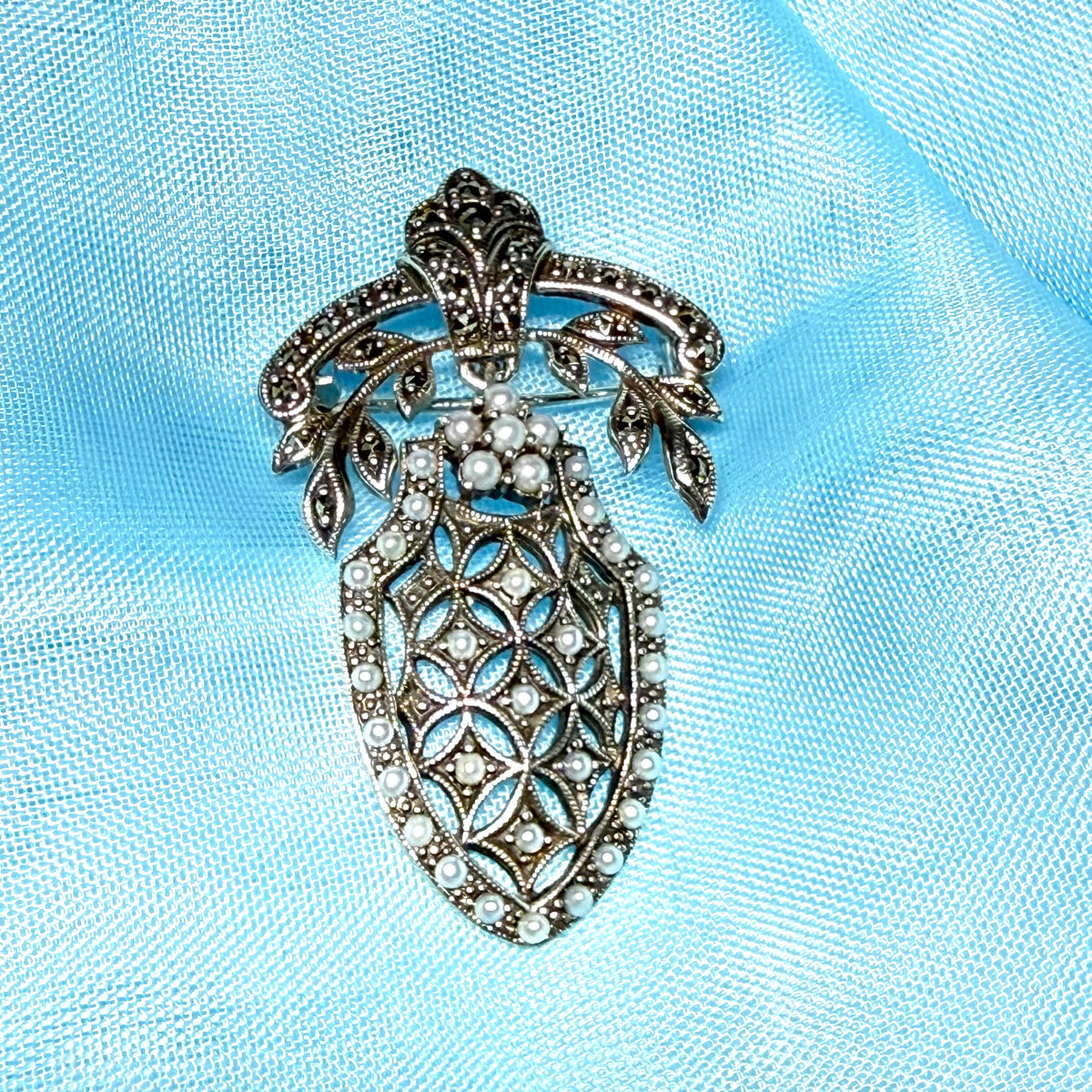 Pearl shield shaped brooch real freshwater cultured sterling silver with marcasite stones