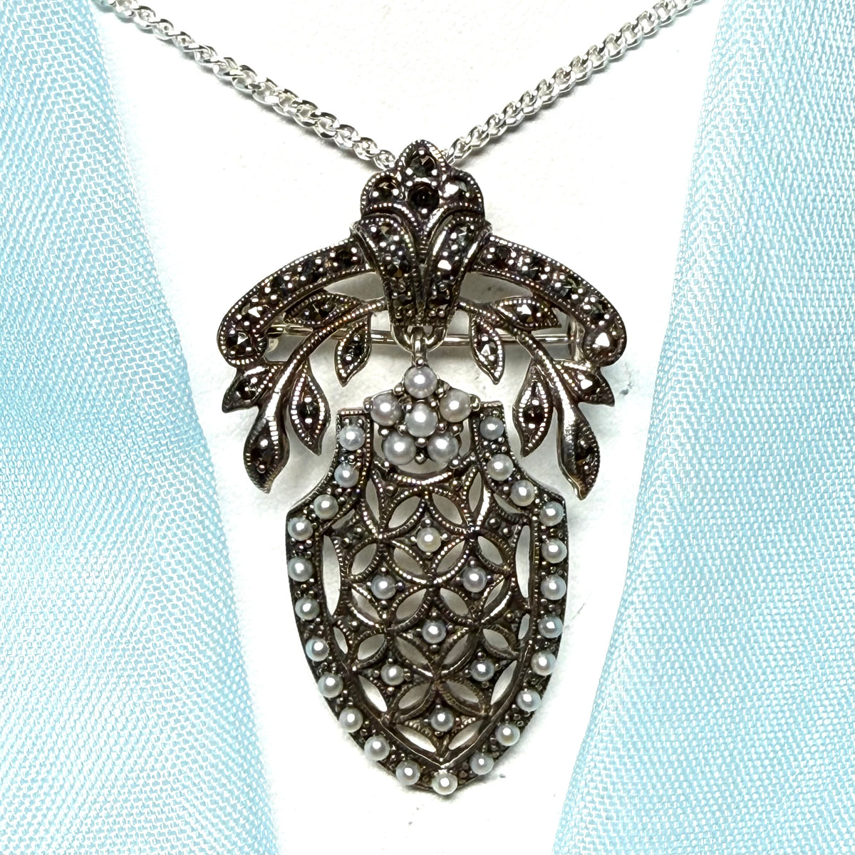Pearl shield shaped necklace pendant real freshwater cultured sterling silver with marcasite stones