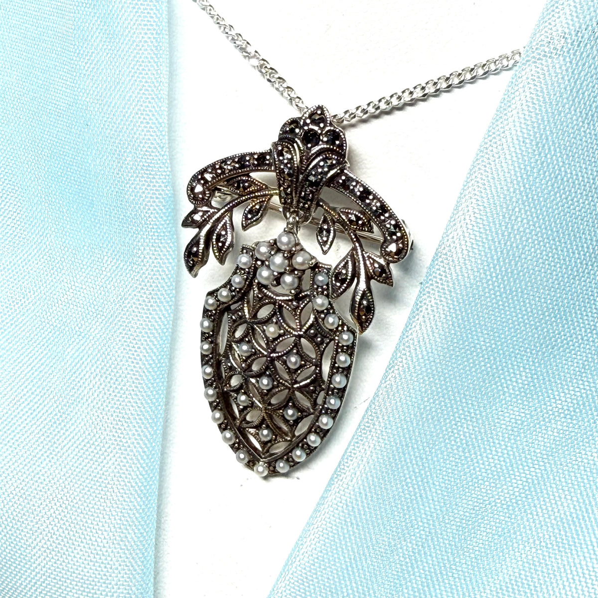 Pearl shield shaped necklace real freshwater cultured sterling silver with marcasite stones