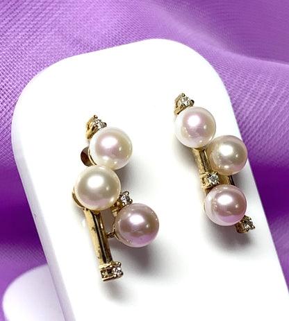 Pearl and diamond drop earrings cluster freshwater cultured yellow gold