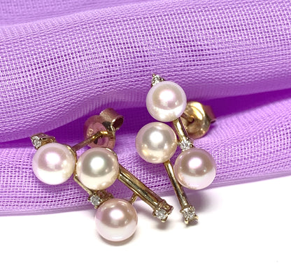 Pearl and diamond drop earrings cluster freshwater cultured yellow gold