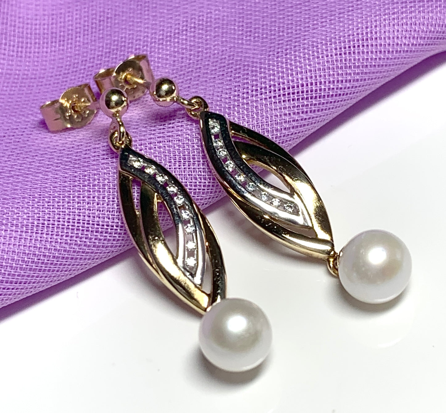 Pearl and cubic zirconia necklace freshwater cultured two tone gold drop earrings