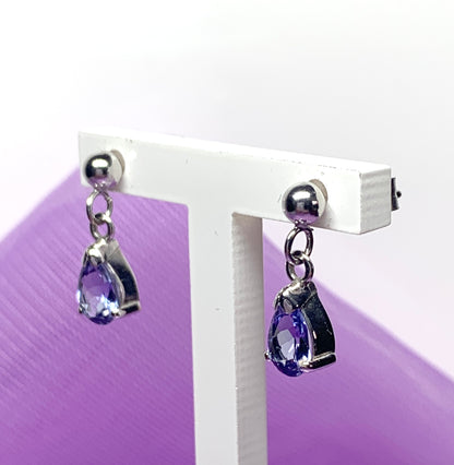 Pear shaped real tanzanite white gold drop earrings